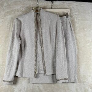 St John Collection 2 pc Tweed Knit Jacket Skirt Set Beige Gold Trim Women Size 6